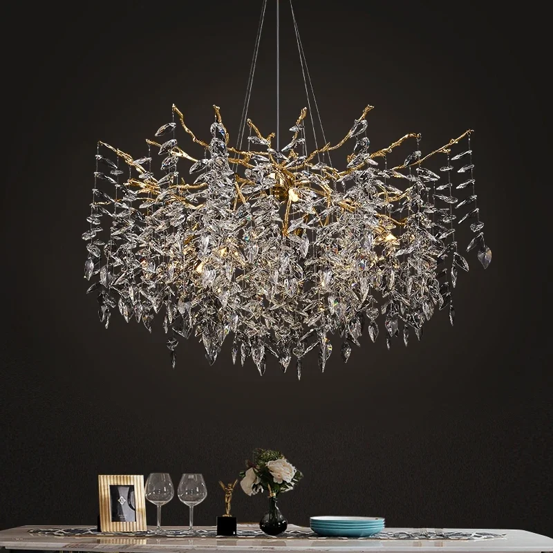 New Italian Ceiling Chandelier Silver Light Luxury Villa Living Room Dining Room Lamp Tree Branch Design Crystal Chandeliers