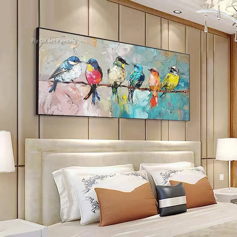 Large Colorful Brids Stand On Telegraph Pole Thick Oil Painting Handmade Green Beige Canvas Wall Art Modern Home Decor For Room