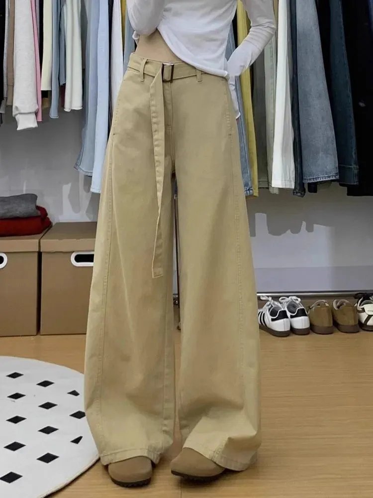 Women's Khaki Waist Belt Design Casual Thin Pants Commuting Young Girl Wide-leg Bottoms Female Unisex High Waist Loose Trousers