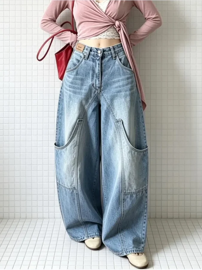

Fashionable Comfortable American Retro Women's Jeans Casual Long Pants with Big Pockets Knife Workwear Cotton Denim
