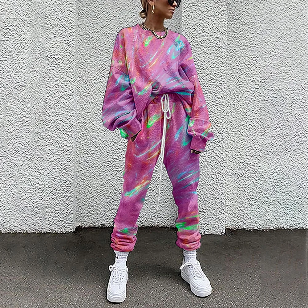 Women Tracksuit Color Print 2 Piece Outfit Sweatshirt+Straight Sweatpants Matching Set Fitness Sporty Streetwear 4XL