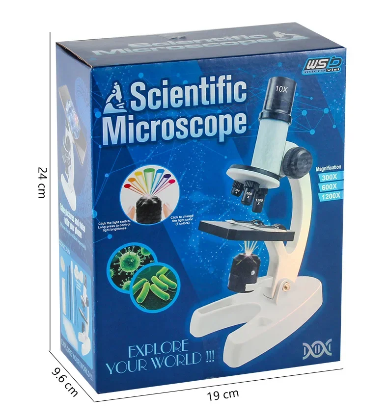 Kit de microscópio infantil led300x600x1200x, casa, escola, ciências, educação, brinquedo, presentes, exploração de biologia ao ar livre para meninos e meninas