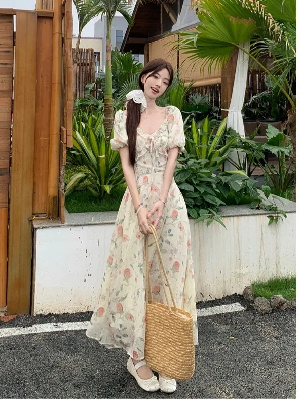 

plus Size Floral Print Square Neck Bubble Sleeve Dress Women's Summer New Waist Cinching A-Line Long Dress Korean Style
