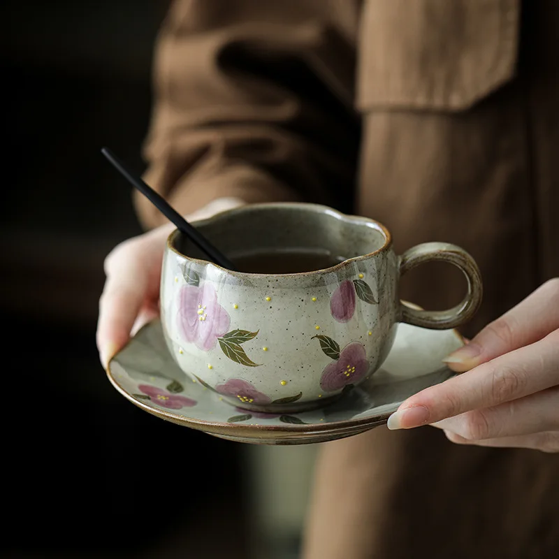 

LTT retro ceramic coffee cup latte flower with spoon saucer Chinese mug afternoon teacup