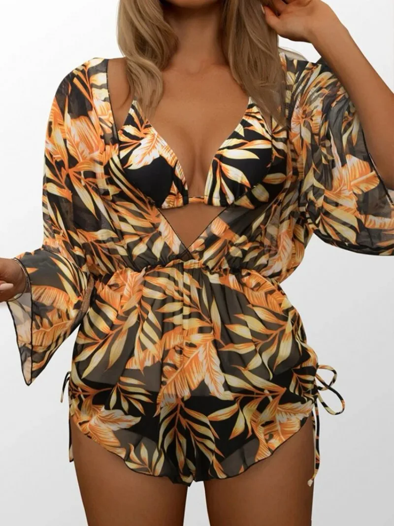 2024 Long Sleeved Mesh Waistband Jumpsuit High Waisted Printed Drawstring Bikini Three Piece Set For Wowen