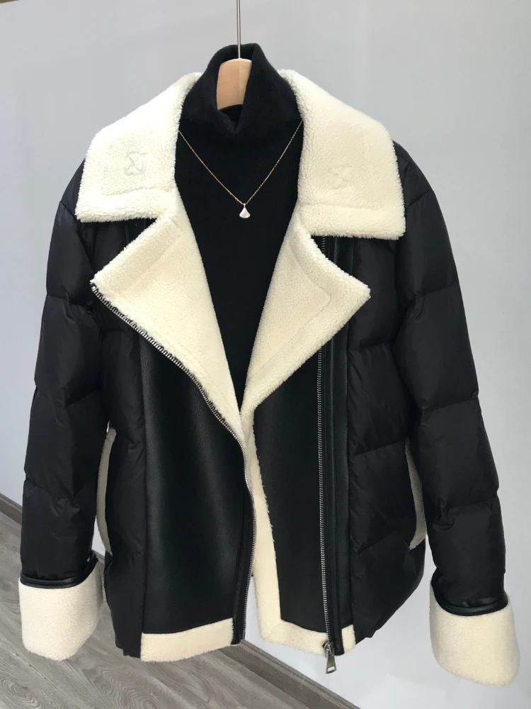 Imagem -03 - Ftlzz-jaqueta de Couro pu Feminina Couro Falso de Cordeiro Cabolsa Branco de Pato Retalho Grosso Quente Lady Outwear High Street Motocicleta Inverno Novo