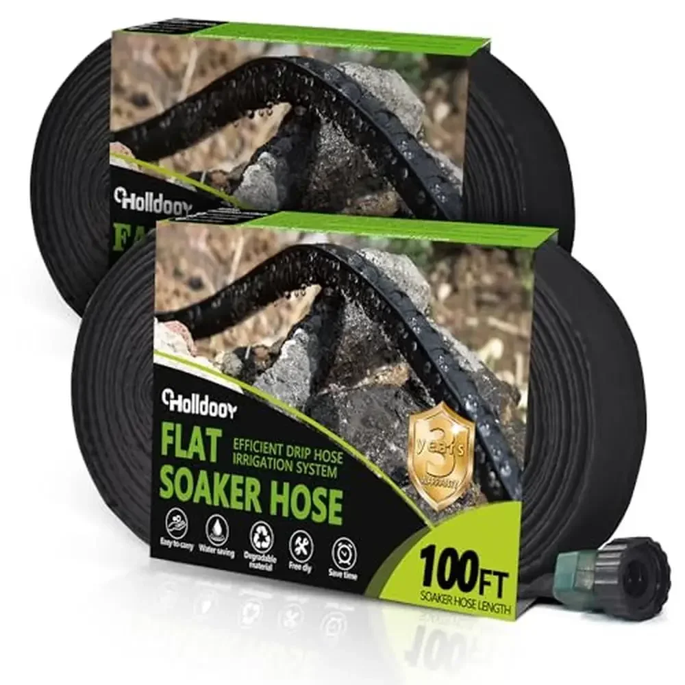 

Garden Soaker Hose 100ft & 200ft 2 Pack Flat Drip Irrigation Line Water Saving Lightweight Root Water Absorption Prevents