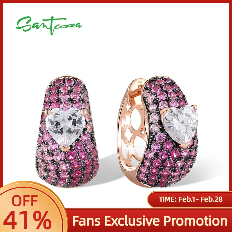

SANTUZZA 925 Sterling Silver Hoop Earrings For Women White CZ Created Ruby Pink Love Heart Gorgeous Wedding Gifts Fine Jewelry