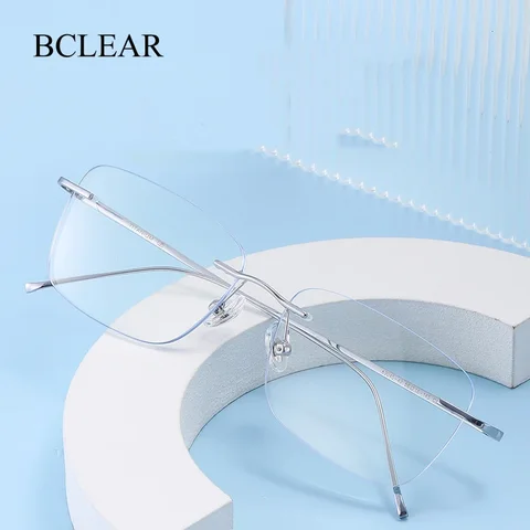 BCLEAR Classic Rimless Glasses Frame Men Ultralight Optical Prescription Eyeglasses New Pure Titanium Square Myopia Eyewear