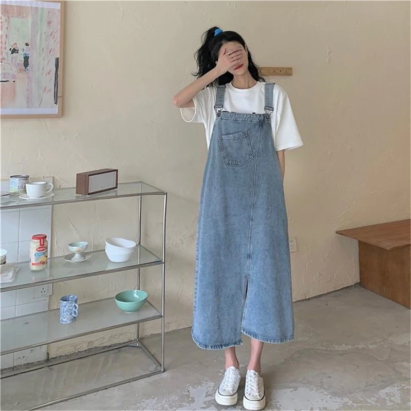 2024 Denim Strap Midi Dress For Women Female Irregular Front Slit Casual Vintage All-match Sleeveless Straight Girl Long Dresses