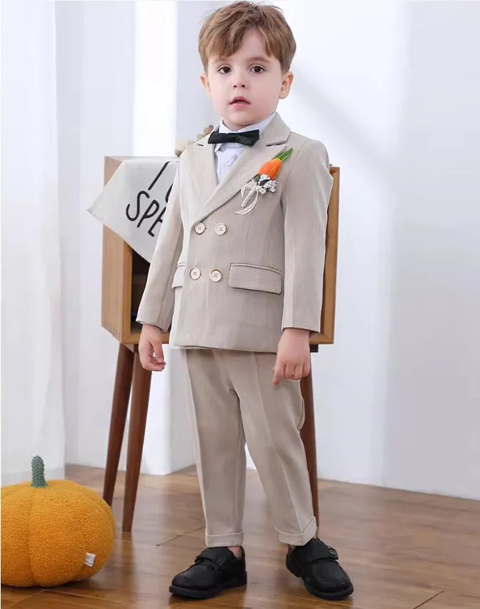 Boys Stripe Beige Party Photography Suit Kids Formal Ceremony Costume Children Birthday Wedding Piano Dress Performance Costume