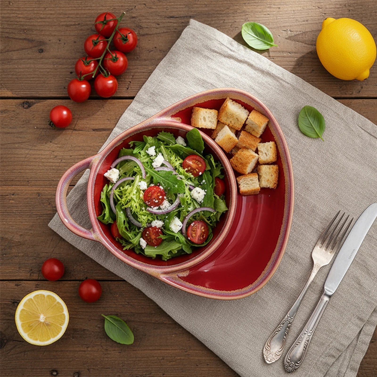 

Soup and Sandwich Plate with Handle Combo Ceramic Soup Easy To Clean Side Bowls for Dessert Fruit Salad