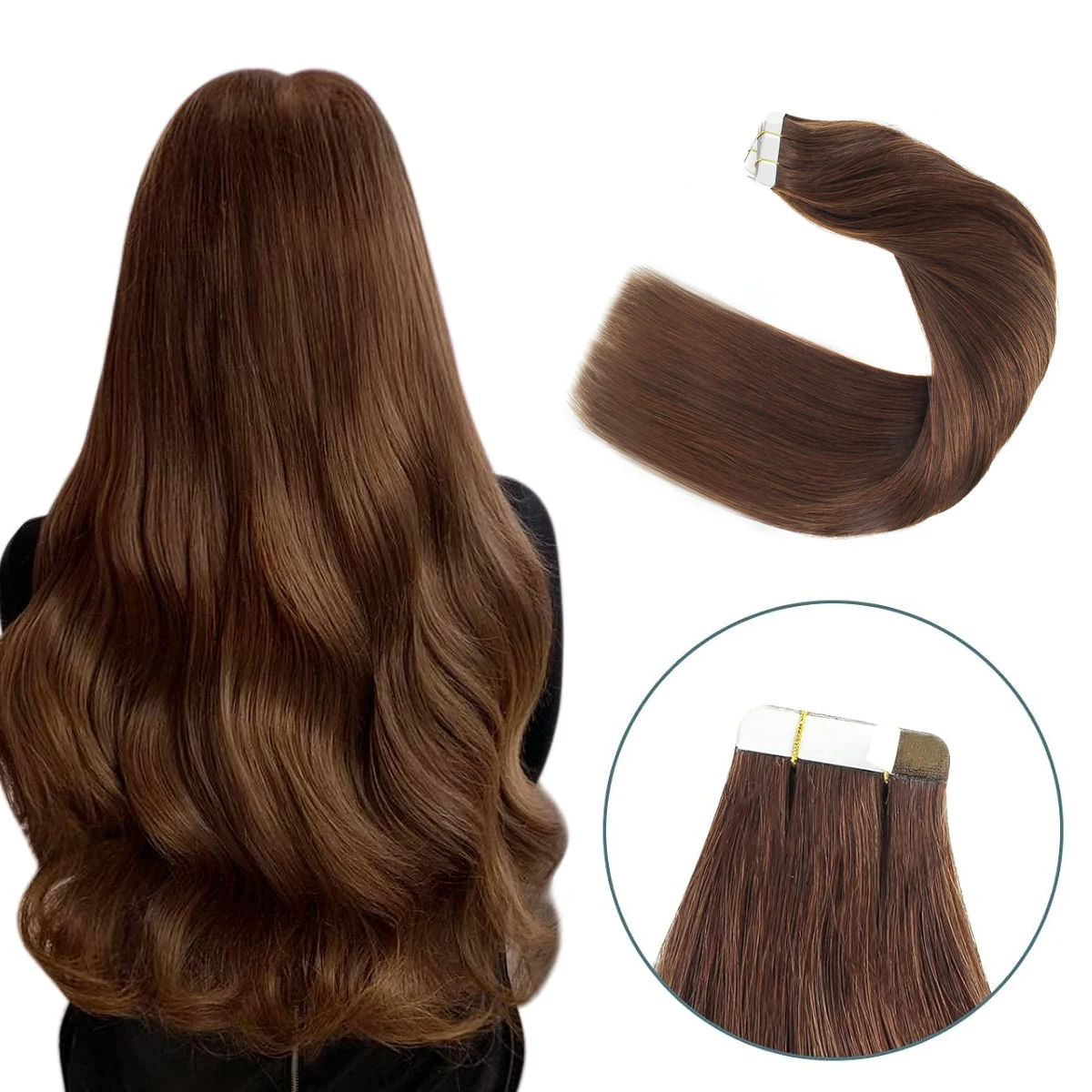 Tape-in-Extensions de Cheveux Humains pour Femme, Brun Moyen, 100% Cheveux Humains, 16-26 ", 20Pcs, Droite, #4