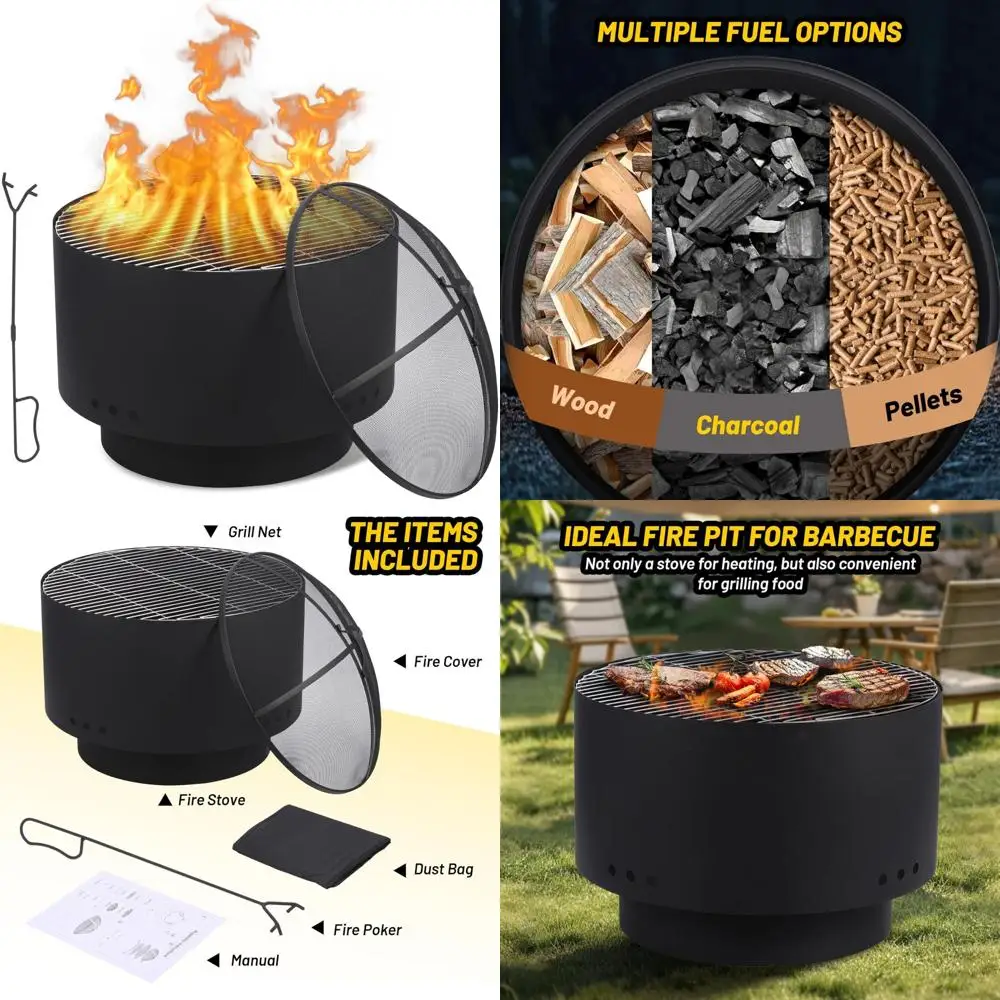 

Smokeless Firepit - 26" Large Fire pits for Outside Wood Burning with Fireproof Mesh Cover & Grill, Multi-Fuel,Wood,Charcoal,Pel