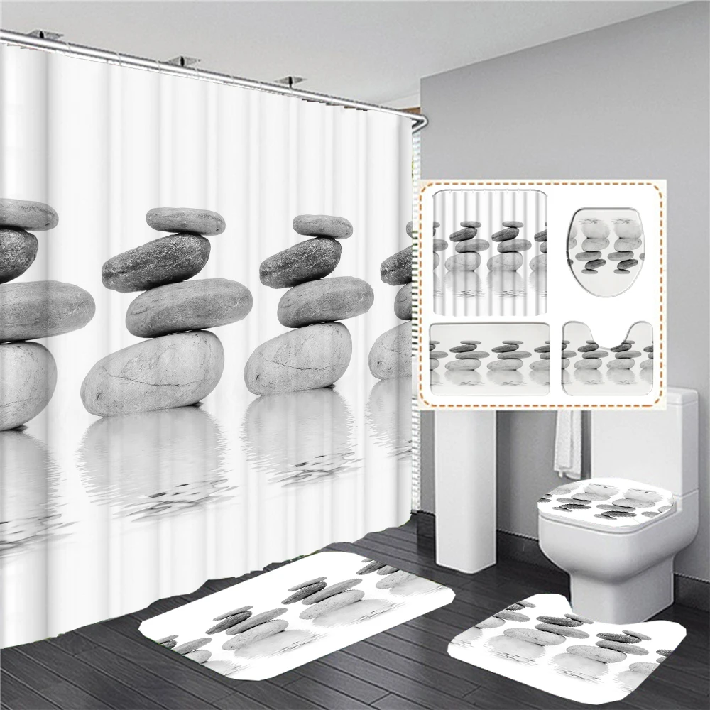

Modern Style Bath Mat and Shower Curtain Set Non-slip Bathroom Floor Mat Absorbent Toilet Seat Cover Mat Microfiber Toilet Mat