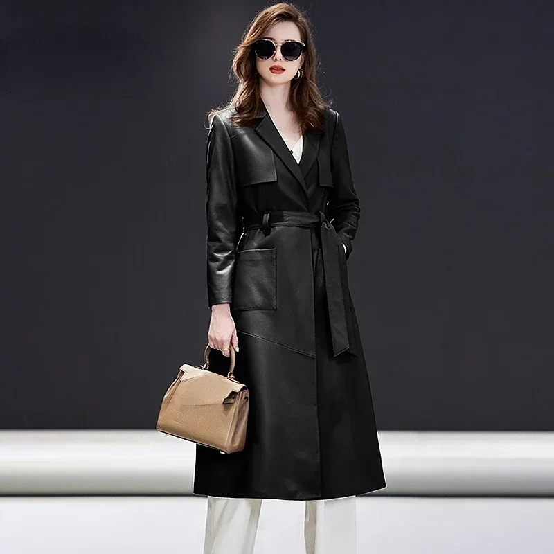 Jaqueta de couro genuíno para mulheres high-end longo casaco de pele de carneiro cinto coreano trench coats casacos de couro chaqueta cuero mujer sgg