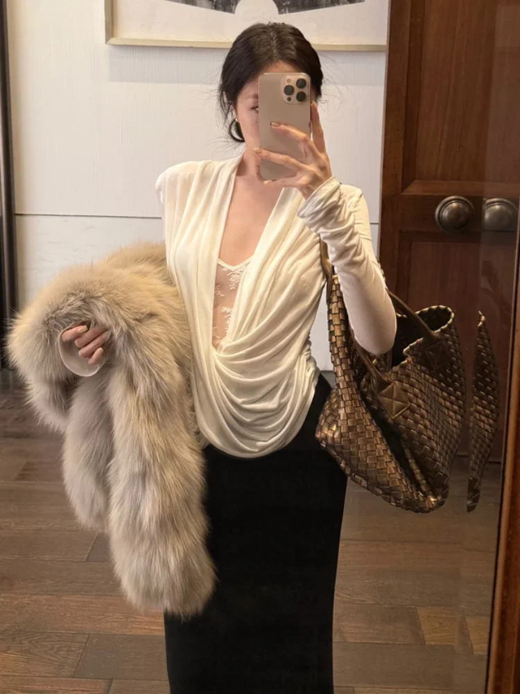 Camisetas Vintage de dos piezas estéticas Y2k para mujer, Tops sexys de retazos de encaje Harajuku, ropa de calle 2021, camisetas plisadas Grunge