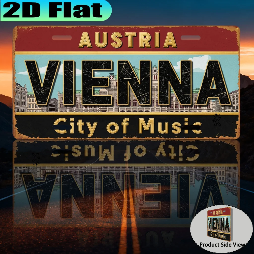 2D Flat, [2D Flat] 2D Flat Print, 1pc, Vintage Vienna City Aluminum License Plate Urban Vintage Style, Gift for Travel Enthusias