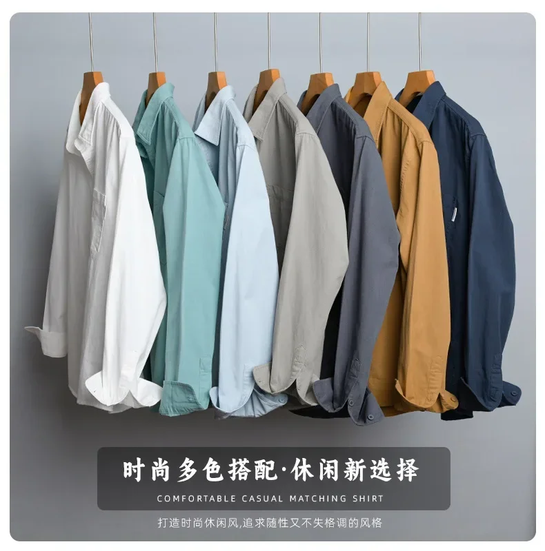 

Мужские рубашки из 100% хлопка с длинным рукавом в японском стиле, повседневные повседневные рубашки, мужские однотонные рубашки с карманами и лацканами, весна-лето, простой топ