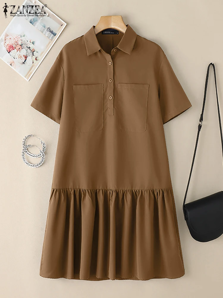 

ZANZEA 2025 Summer Casual Knee-length Vestidos Gathered Turn-Down Collar Ruffled Hem Short Sleeve Shirtdress Woman Robes Femme
