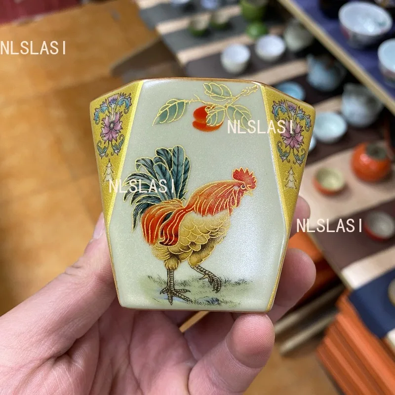 Big Rooster Tea Cup Owner's Exclusive Square Teacup Ru Kiln Cracked Ceramic Cup Good Luck and Great Prosperity Drinking Utensils