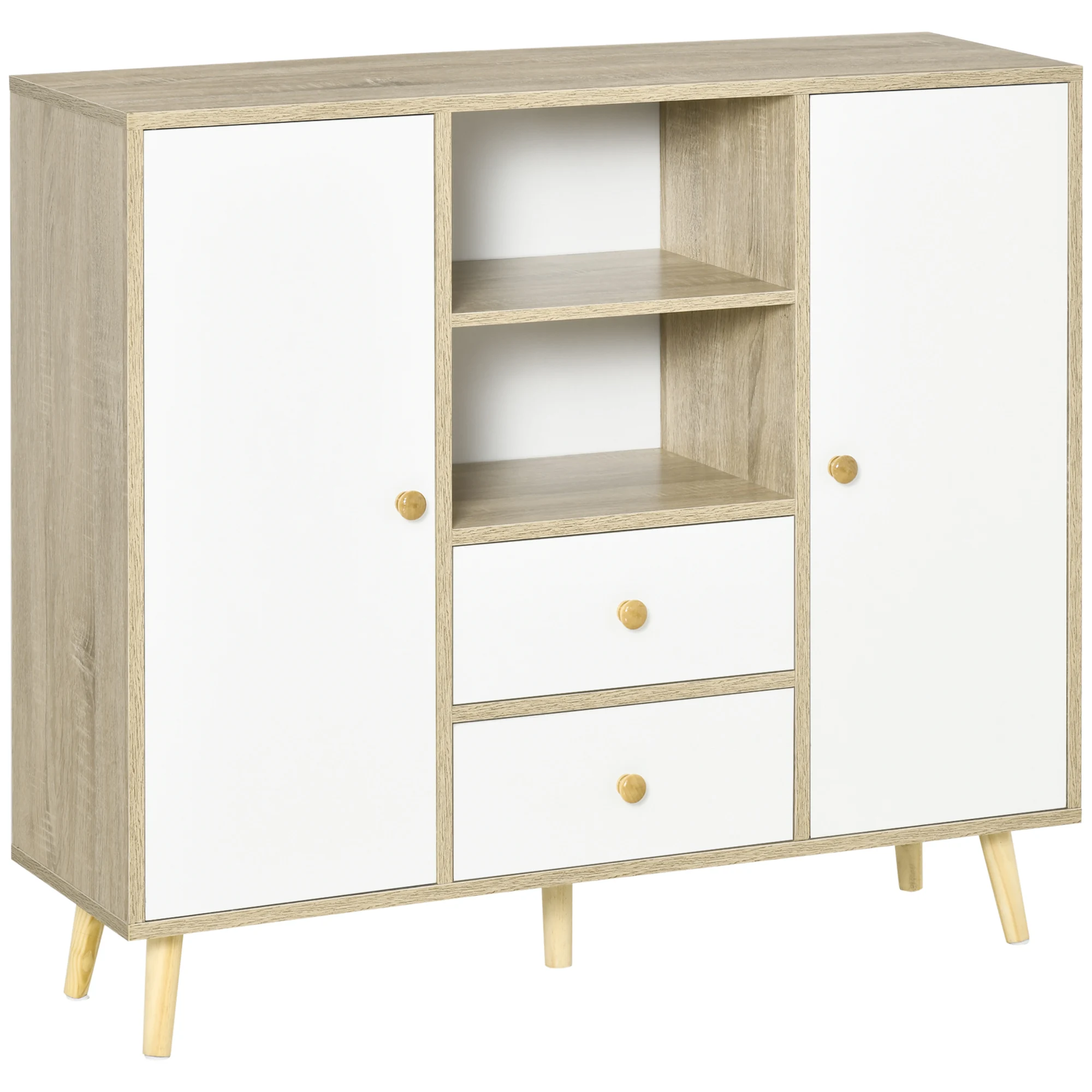 Homcom Natural White Aparador De Salón Con 2 Puertas 2 Cajones Y 2 Estantes Abiertos Mueble Auxiliar De Almacenaje Para Cocina Recibidor 100X30x85 Cm Blanco Y Natural