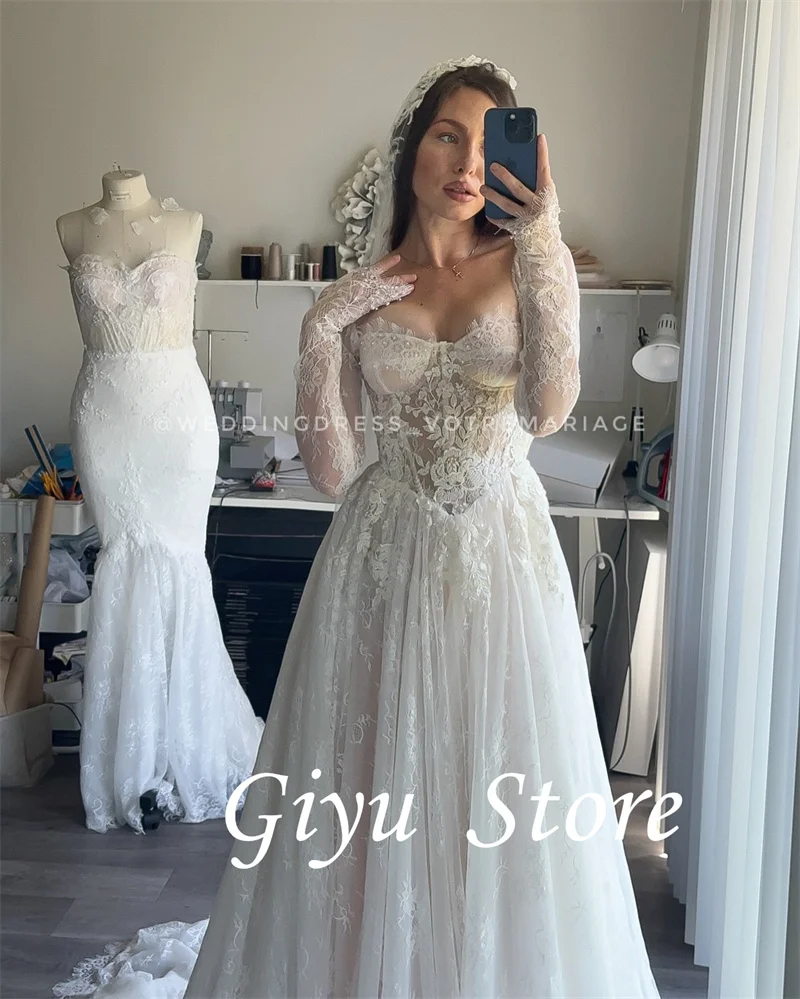 Giyu elegante una línea de Vestidos de novia de encaje de manga larga Sweetheart corte tren Vestidos de novia de talla grande Vestidos de noiva personalizados