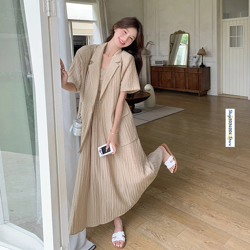 Khaki Sling Dress and Blazer Coat Two Piece Sets Women Outfits 2024 Summer Short Sleeve Loose Elegant Korean Style Suits 1108