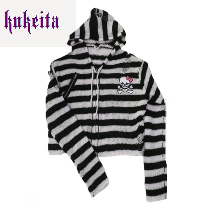 Women Sweater Harajuku Gothic Girl Skull Striped Knitted Sweater Punk Rock Zipper Loose Hooded Short Cardigan Chic Streetwear