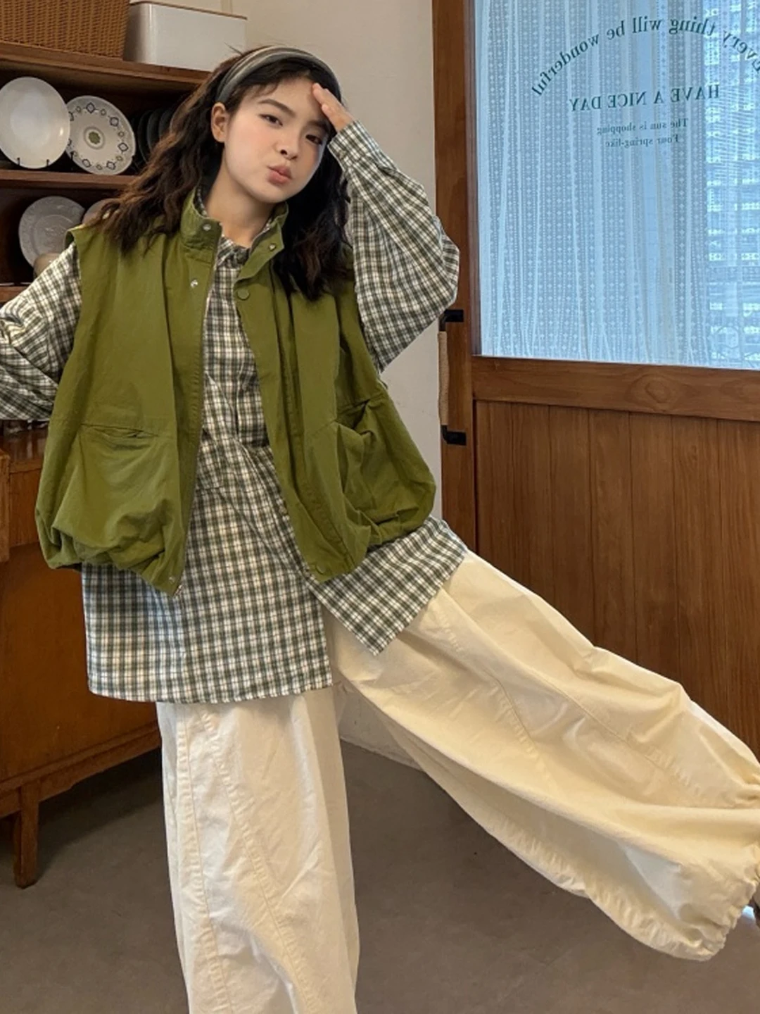 

Женский повседневный комплект больших размеров: свободная клетчатая рубашка и жилет, корейский стиль, рабочая одежда, брюки с высокой талией, весенняя мода