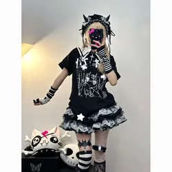 女性のためのレトロな黒のパンクレトロなミニドレス、レースレイヤード、パフaラインスカート、日本のサブカルチャー服、薄い女性のパーティースカート、y2k