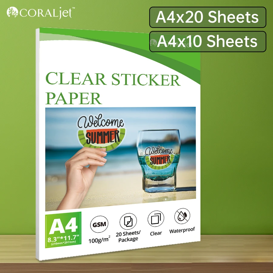 Coraljet 20 Sheets Clear Sticker Paper Waterproof Transparent A4 8.3