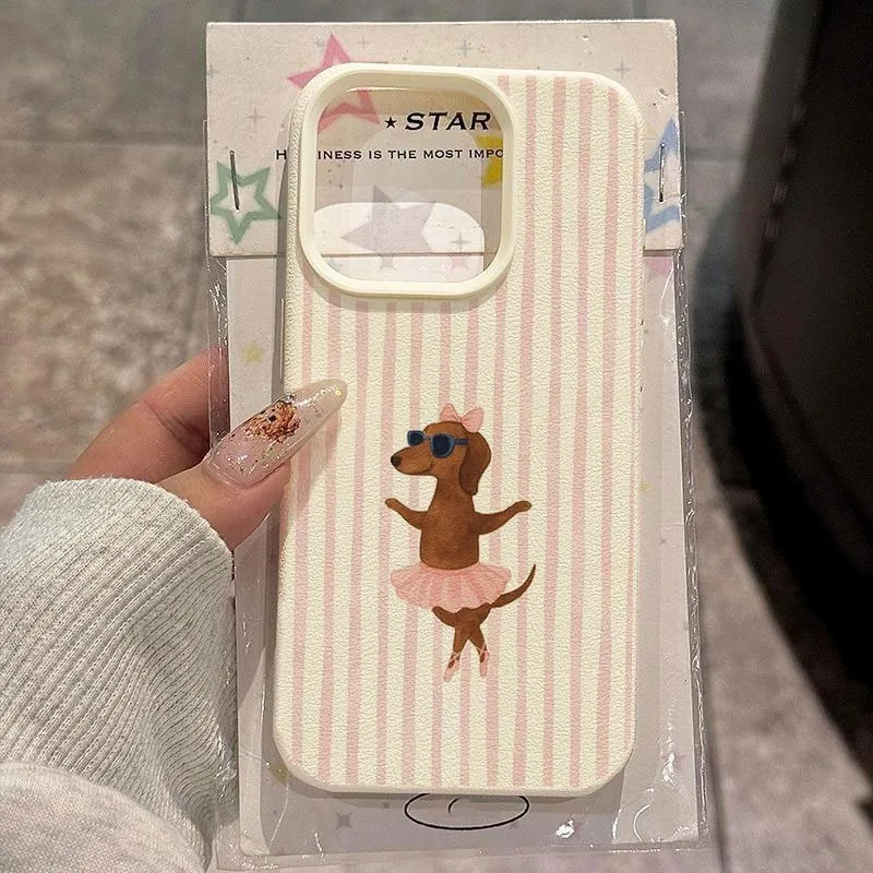 Funda de teléfono con textura de lichi y diseño de perro salchicha de Ballet a rayas para iPhone 11 12 13 14 15 16 17 Pro Max 14 15 Plus 17Air, funda suave