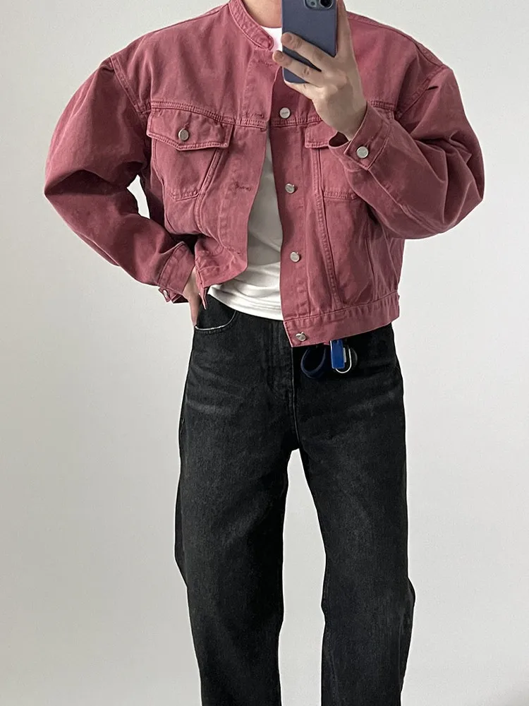 Loose Fit Metal Button up Casual Jacket for Men Pink Denim Workwear Stand Collar Short Outerwear Spring Summer Street Style