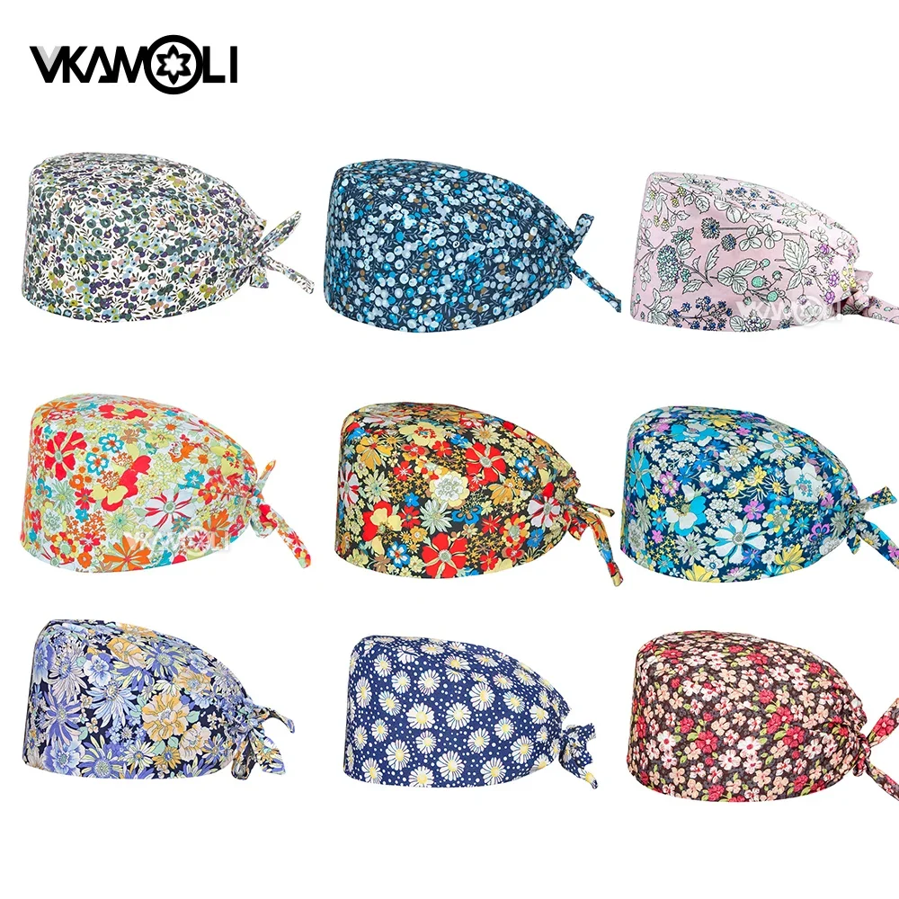 vkamoli Flower print Beauty care cap Pet specialist work cap scrubs cap scrubs women