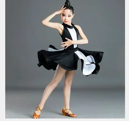 

1set/lot children fashion latin dancing costumes girl black white patchwork tango dancing leotard anfd skirt