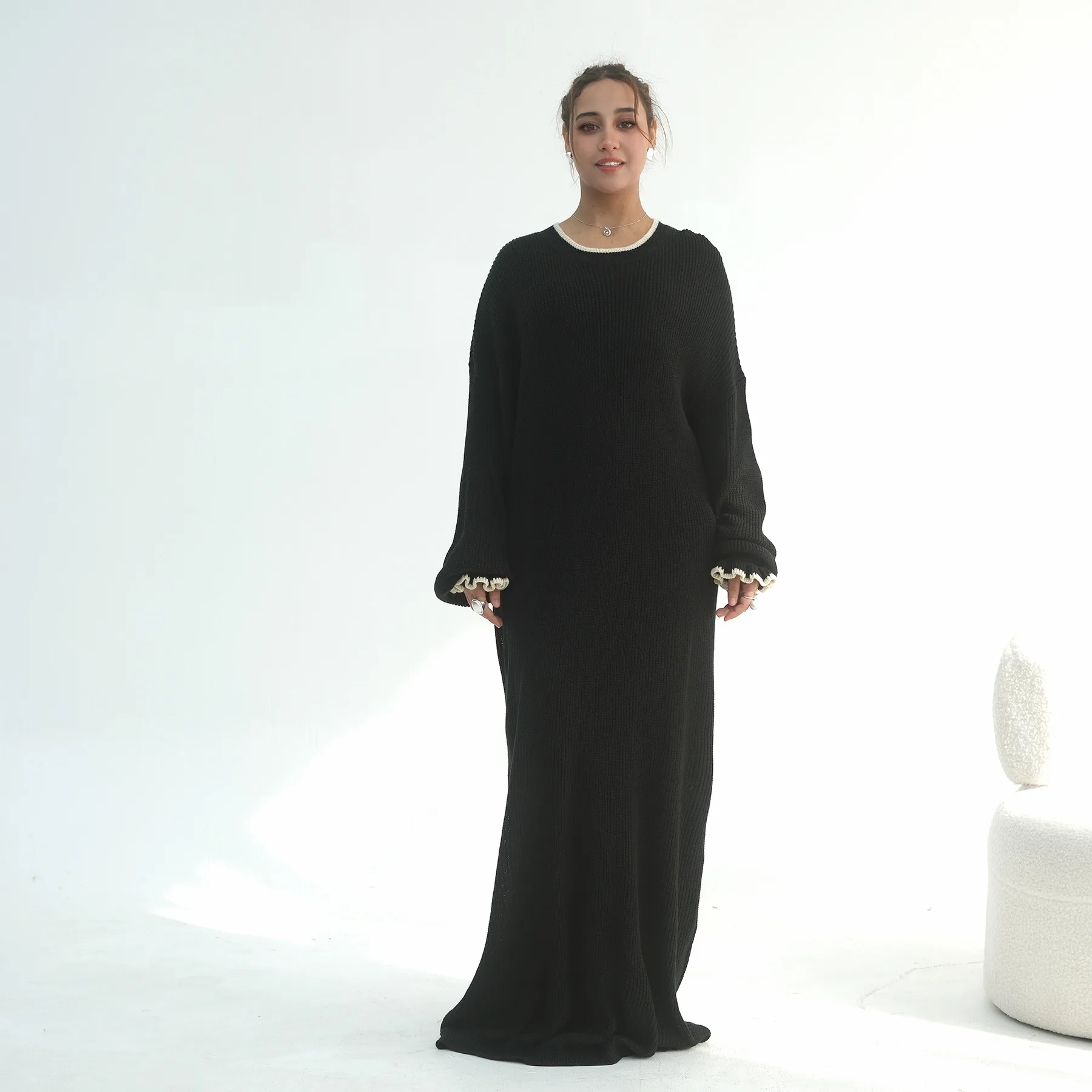 Muslim Dubai Middle East Winter Thicken Warm Knit Sweater Abayas For Women Evening Long Dress Ramadan Robe Femme Islam Clothing