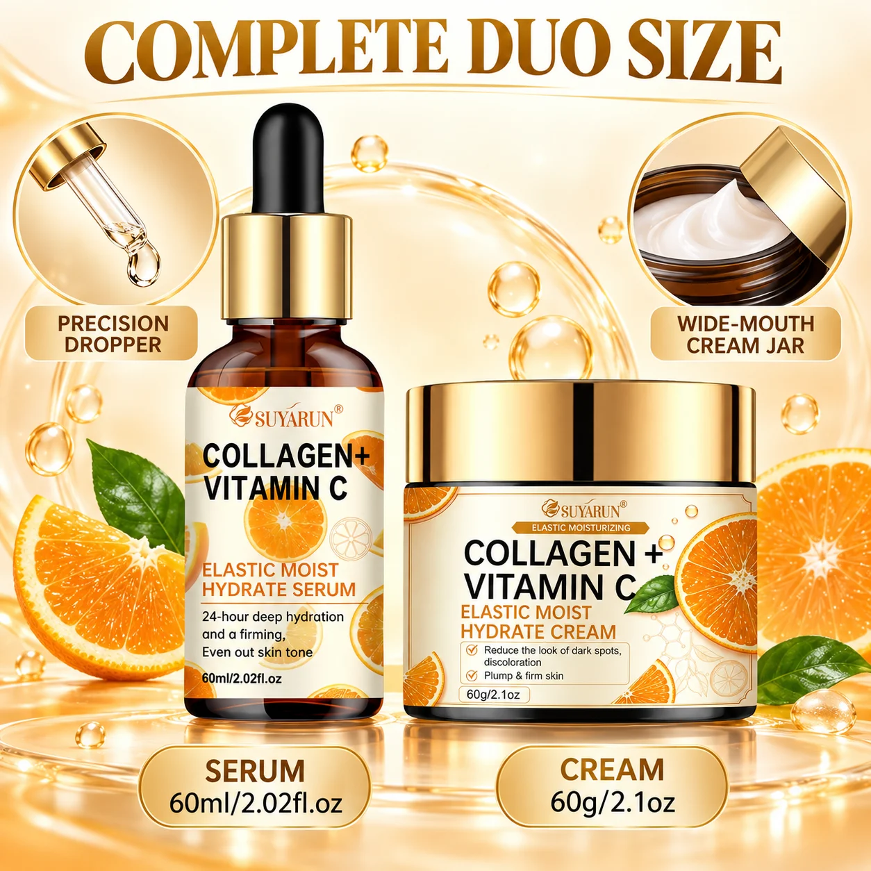 Kit de Creme Facial e Sérum com Vitamina C SUYARUN – Reparação de Rugas, Aumento de Colágeno, Cuidado Antienvelhecimento com Hidratação Intensa.