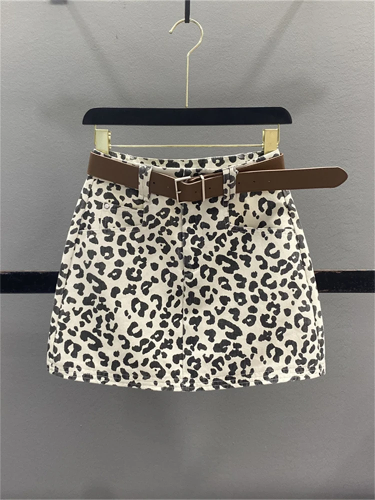 

Retro Leopard Print Denim Skirt Women's High Waist Slimming Sexy A-Line Short Skirt Casual Cotton Anti-Static Filled