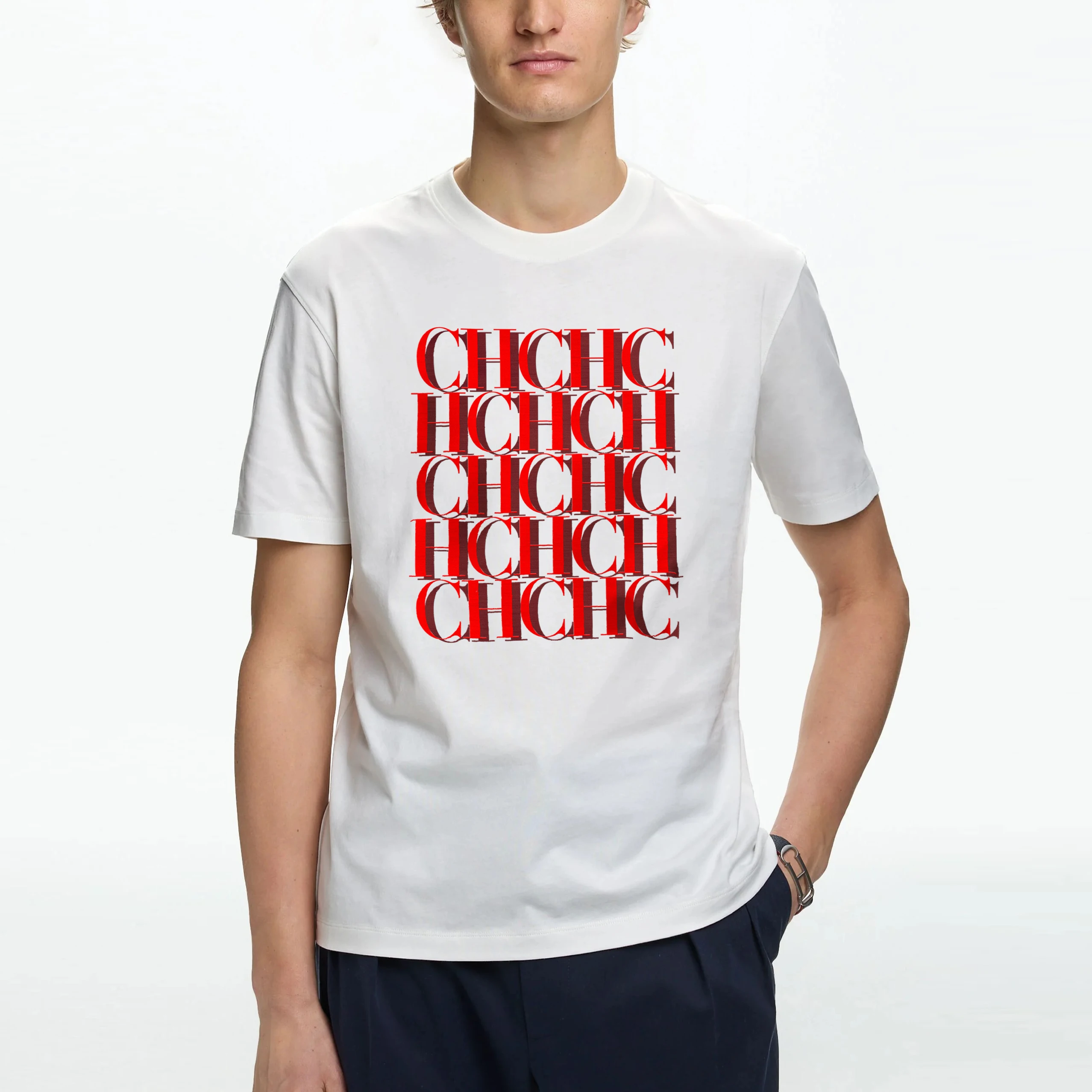 

CH Short Sleeves Pure Cotton Round Neck Letter Design Unisex Short Sleeves New 2025 Fashion Commuter Versatile Men's Classic Top