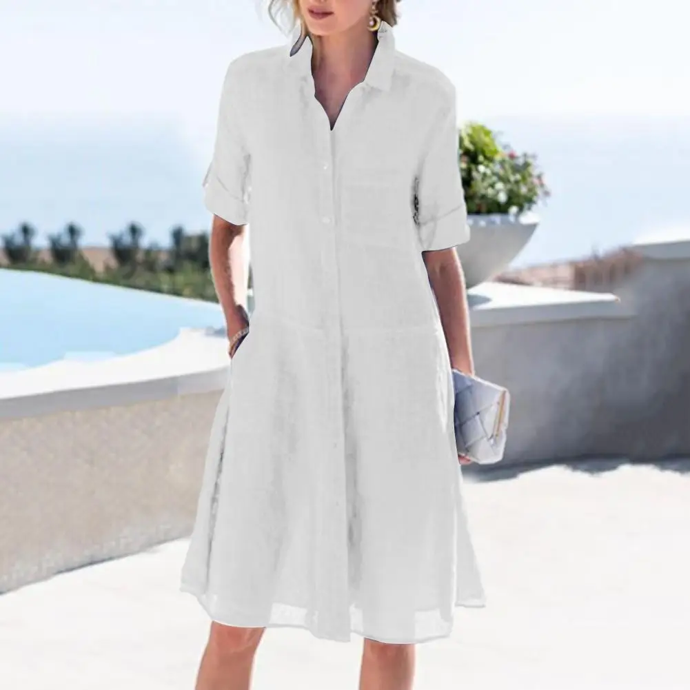 

Solid Color Women Dress Stylish Women's Knee Length A-line Dress with Lapel Short Sleeves Patch Pockets Effortlessly Chic