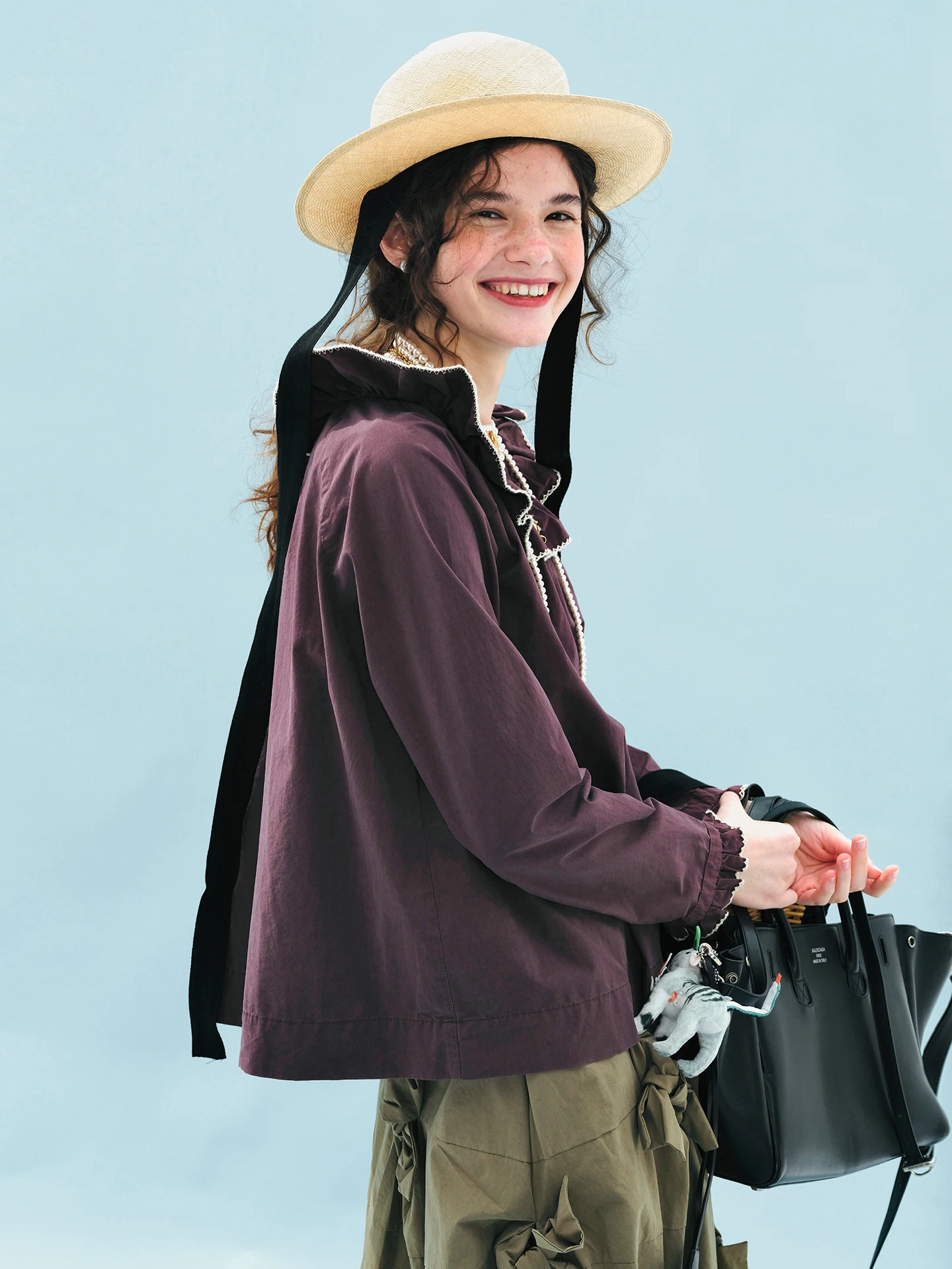 Burgundy Ruffled Pullover Long-sleeve Shirt loose fit  daily dating or casual shopping, showing off a gentle temperament255217