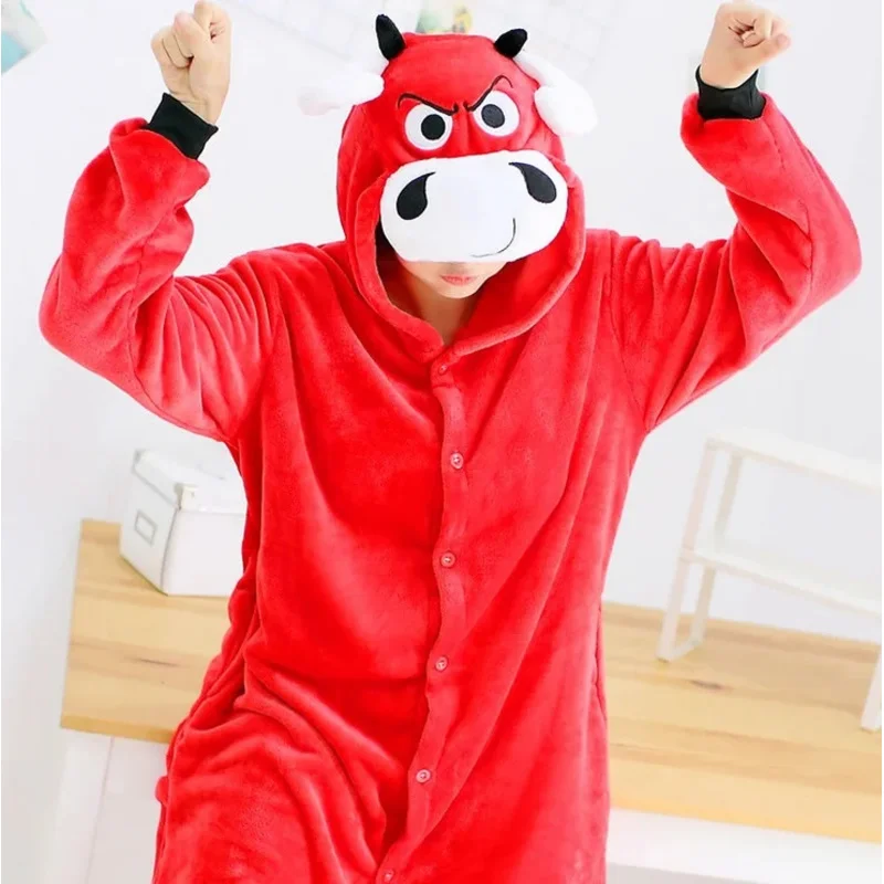 2025 New Kigurumi Winter New Red Bull Onesies Costume For Women Pyjama Pajamas Flannel Hooded Clothing Home Animal Onesie ☆ ☆ ☆