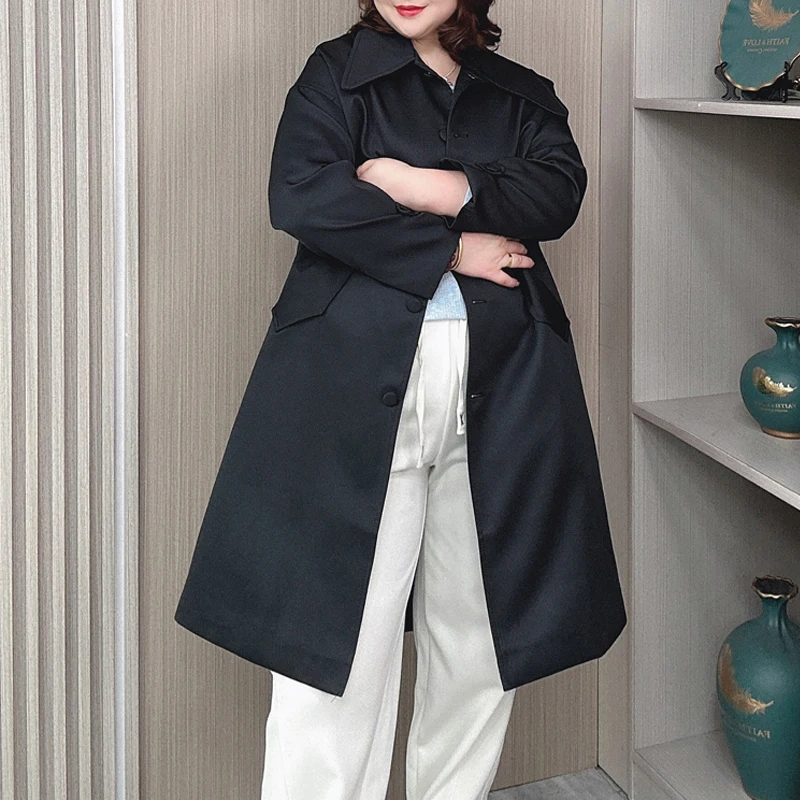 Plus Size Women Long Trench Coat Autumn New Loose Temperament Single Breasted Outerwear 8899