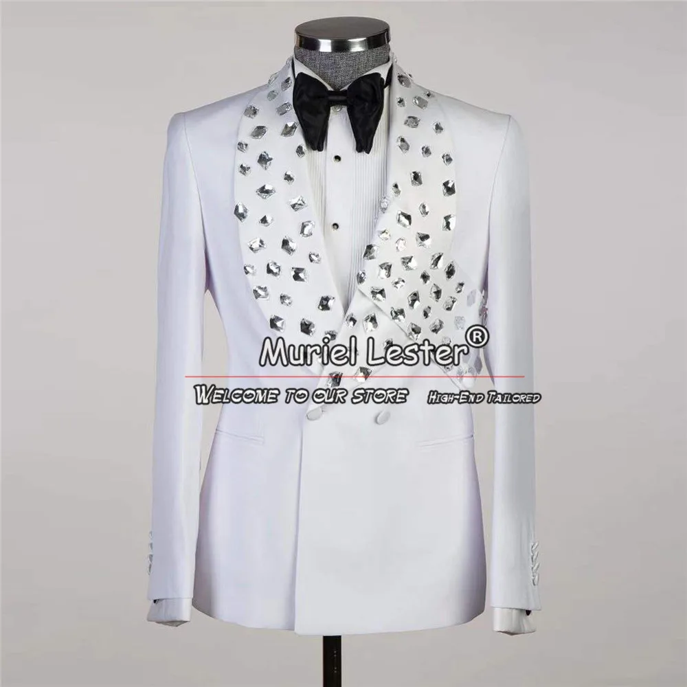 

Italian Design White Suits Men Double Breasted Jacket Pants 2 Pieces Groom Wedding Tuxedos Bespoke Crystals Beading Prom Blazers