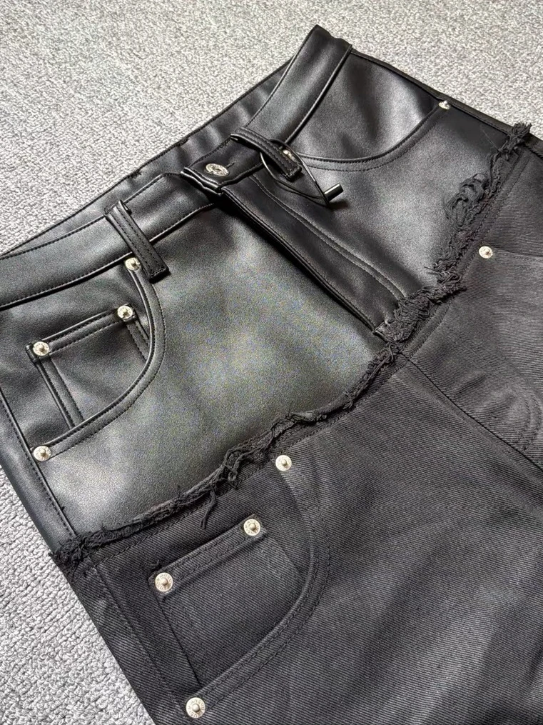 Double Waist PU Leather Splicing Frayed Coated Denim Pants Straight Leg Jeans for Men And Women Casual Loose Fit All Seasons