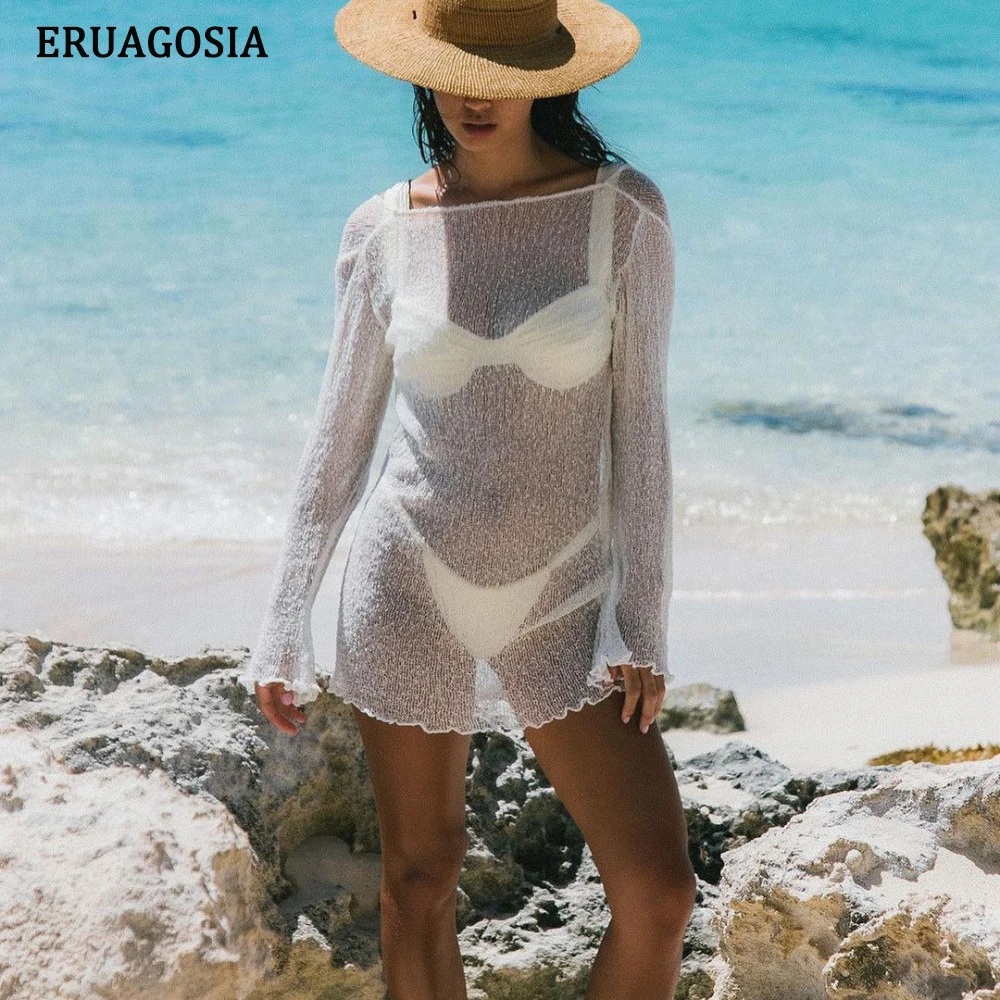 Copricostume da spiaggia per donna copricostume da spiaggia trasparente Sexy copricostume da donna senza schienale con abbigliamento da spiaggia lavorato a maglia a maniche lunghe