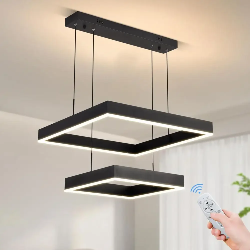 Modern LED Chandelier Dimmable Two Ring Pendant Light High Ceiling Hanging Lighting Energy Saving Adjustable Height Dining Room