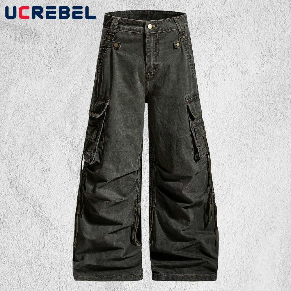 

Drawstring Pleated Cargo Pants Mens with Rivets Multi-Pocket Hip Hop Streetwear Distressed Baggy Wide Leg Casual Trousers Man
