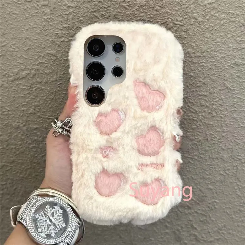 INS Korean Fluffy Loves Heart Phone Case For Samsung S25 Ultra Case S24 FE S23 S22 A06 A16 A26 A36 A56 A05 A15 A25 A35 A55 Cover